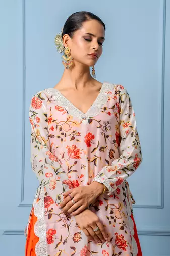 Orange chanderi printed kurta set