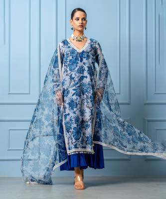 Blue chanderi printed kurta set 1