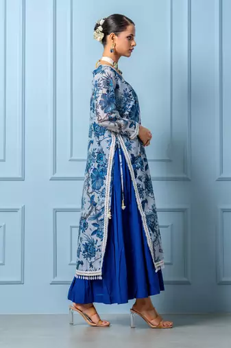 Blue chanderi printed kurta set