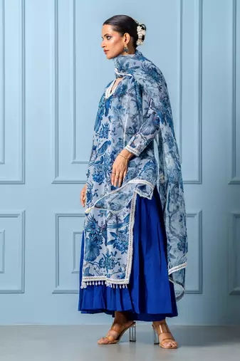 Blue chanderi printed kurta set