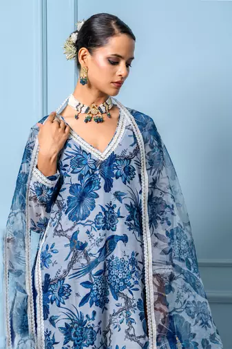 Blue chanderi printed kurta set