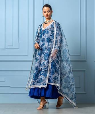 Blue chanderi printed kurta set 5