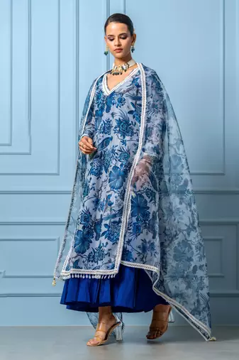 Blue chanderi printed kurta set