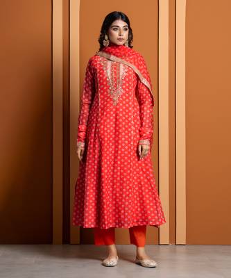 Orange bandhej print anarkali set 1