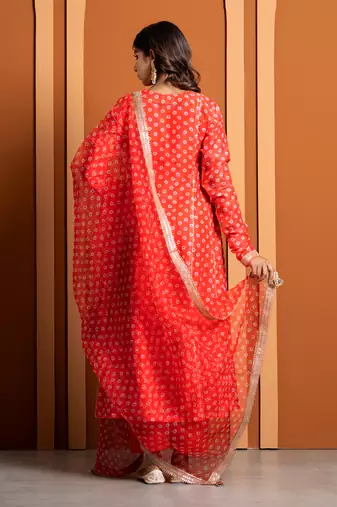 Orange bandhej print anarkali set
