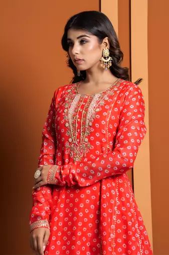 Orange bandhej print anarkali set