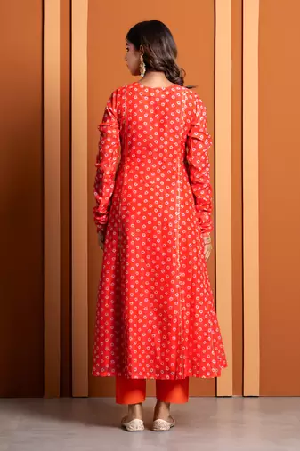 Orange bandhej print anarkali set