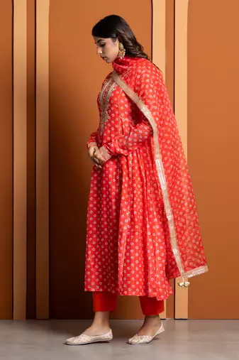 Orange bandhej print anarkali set