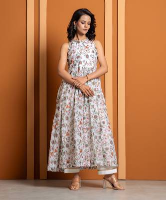 Ivory chanderi floral printed anarkali set 1