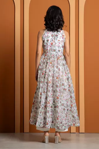 Ivory chanderi floral printed anarkali set