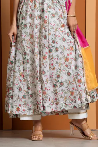 Ivory chanderi floral printed anarkali set