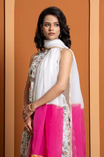 Ivory chanderi floral printed anarkali set