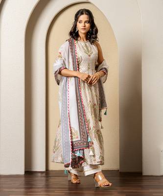 Ivory chanderi floral printed anarkali set 1