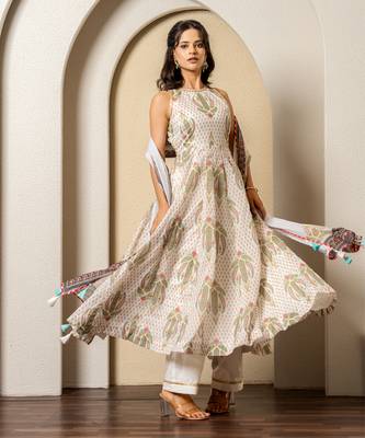 Ivory chanderi floral printed anarkali set 2