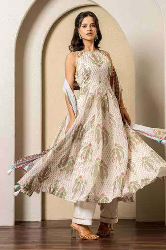 Ivory chanderi floral printed anarkali set