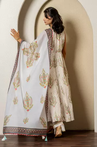 Ivory chanderi floral printed anarkali set