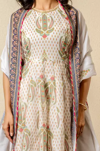 Ivory chanderi floral printed anarkali set