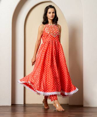 Orange bandhej print anarkali set 1