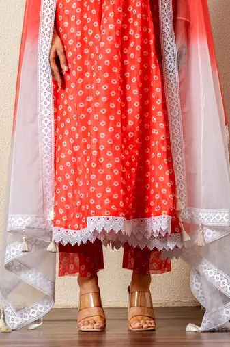 Orange bandhej print anarkali set