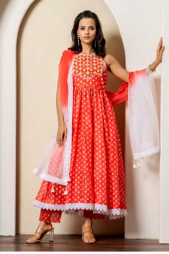 Orange bandhej print anarkali set