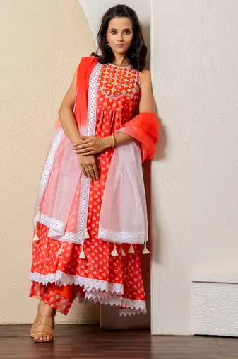 Orange bandhej print anarkali set