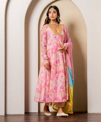 Pink chanderi printed anarkali set 1