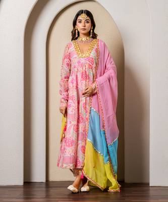 Pink chanderi printed anarkali set 2