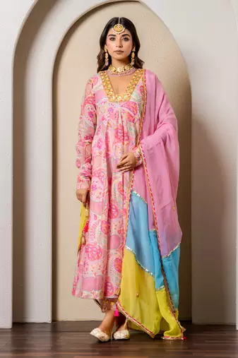 Pink chanderi printed anarkali set