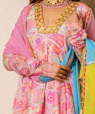 Pink chanderi printed anarkali set 3