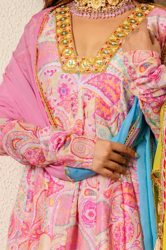 Pink chanderi printed anarkali set