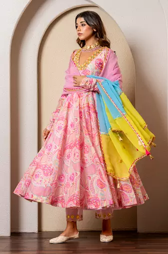 Pink chanderi printed anarkali set