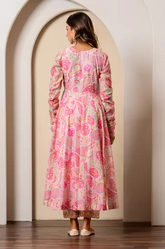 Pink chanderi printed anarkali set