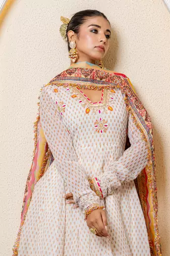 Ivory chanderi printed anarkali set
