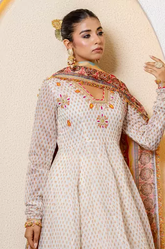 Ivory chanderi printed anarkali set