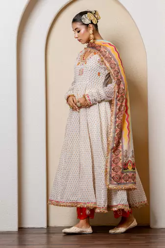 Ivory chanderi printed anarkali set