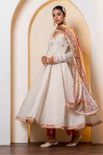Ivory chanderi printed anarkali set