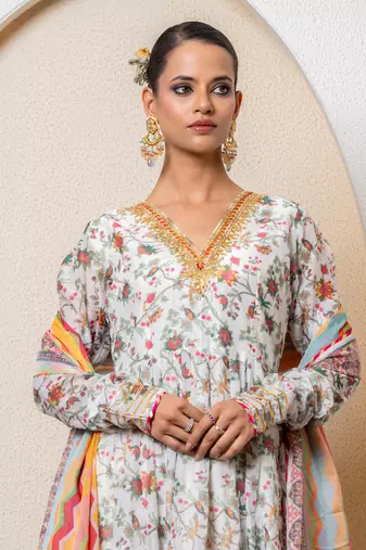 Ivory chanderi printed anarkali set