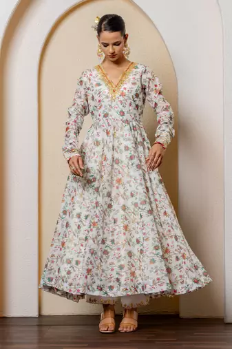 Ivory chanderi printed anarkali set