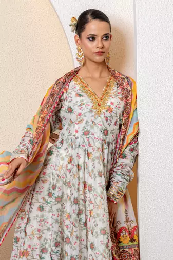 Ivory chanderi printed anarkali set