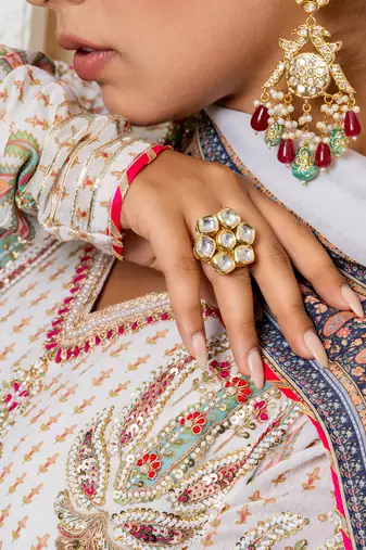 Ivory chanderi printed anarkali set