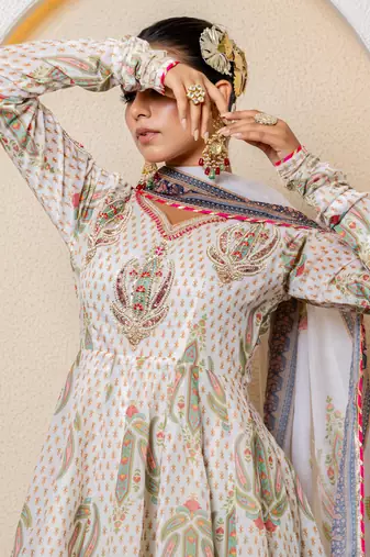 Ivory chanderi printed anarkali set