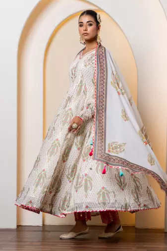 Ivory chanderi printed anarkali set