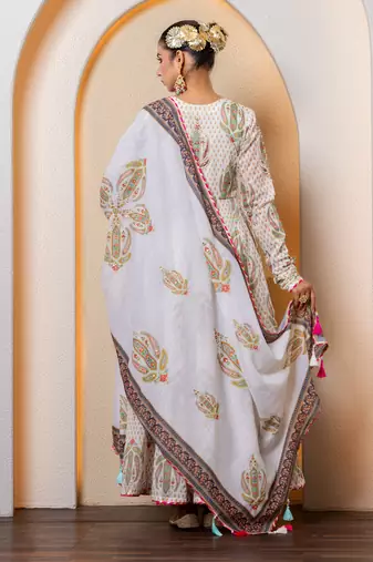 Ivory chanderi printed anarkali set