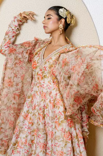 Multi-colored chanderi printed anarkali set