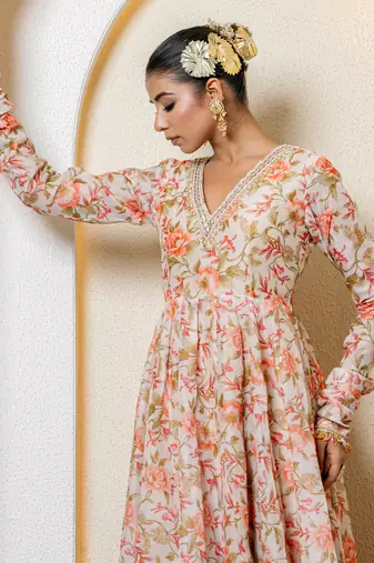 Multi-colored chanderi printed anarkali set