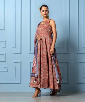 Chocolate brown chanderi floral printed anarkali set 1