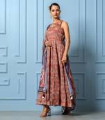 Chocolate brown chanderi floral printed anarkali set