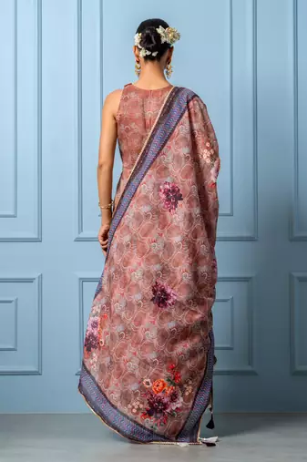 Chocolate brown chanderi floral printed anarkali set