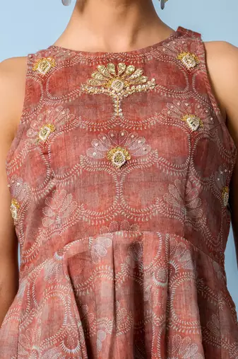 Chocolate brown chanderi floral printed anarkali set
