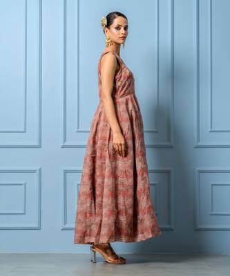 Chocolate brown chanderi floral printed anarkali set 4